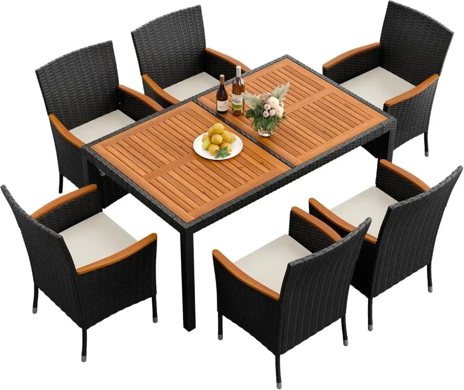 9 Piece Acacia Wood and Wicker Dining Patio Set with Chairs