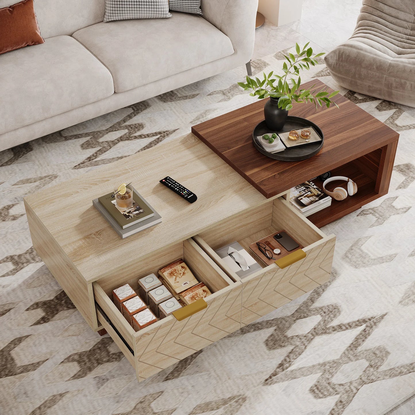 Expandable Wood Coffee Table with 2 Storage Drawers