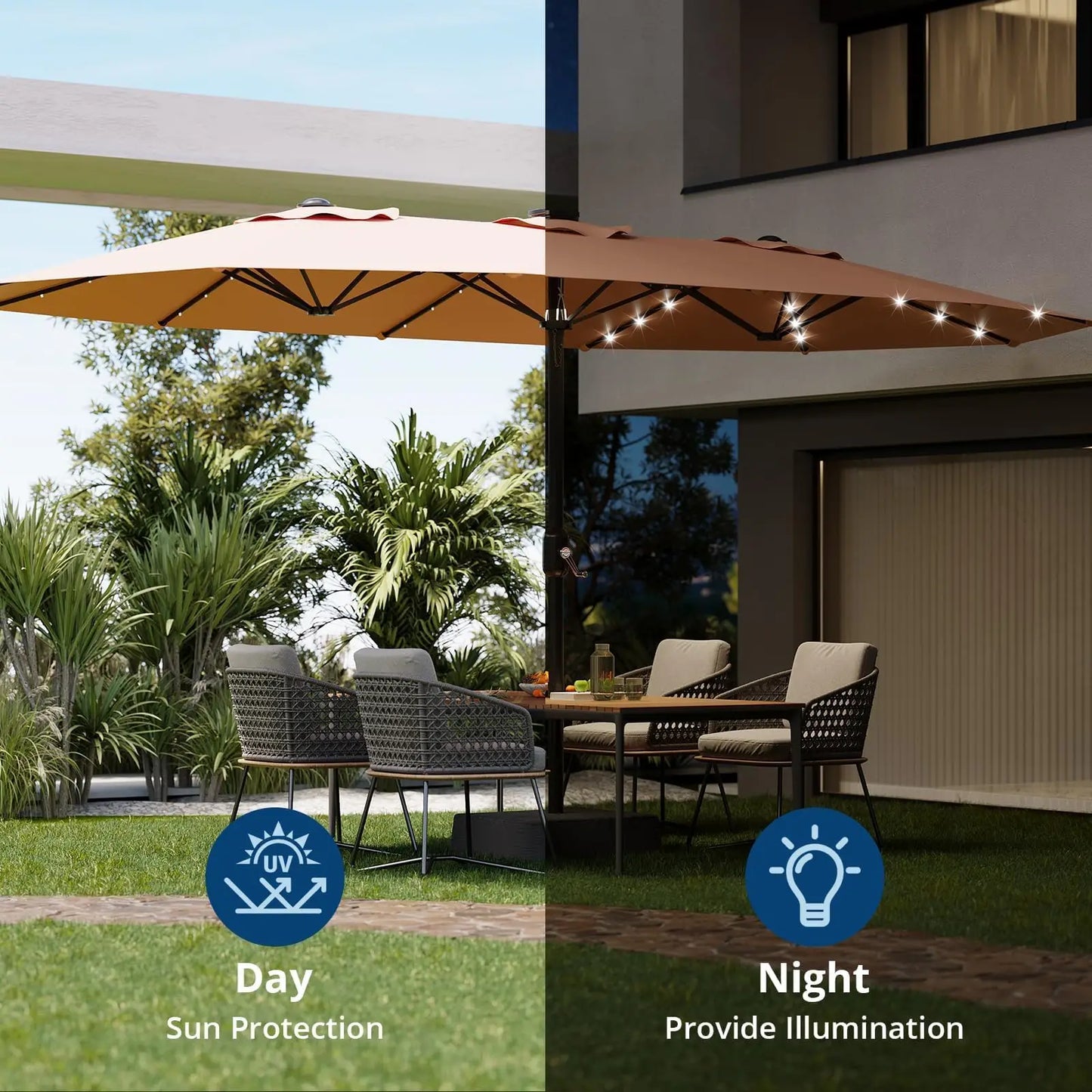 15Ft Outdoor Patio Umbrella with Solar LED Lights, Crank Handle, and Base