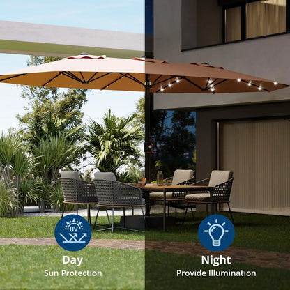 15Ft Outdoor Patio Umbrella with Solar LED Lights, Crank Handle, and Base