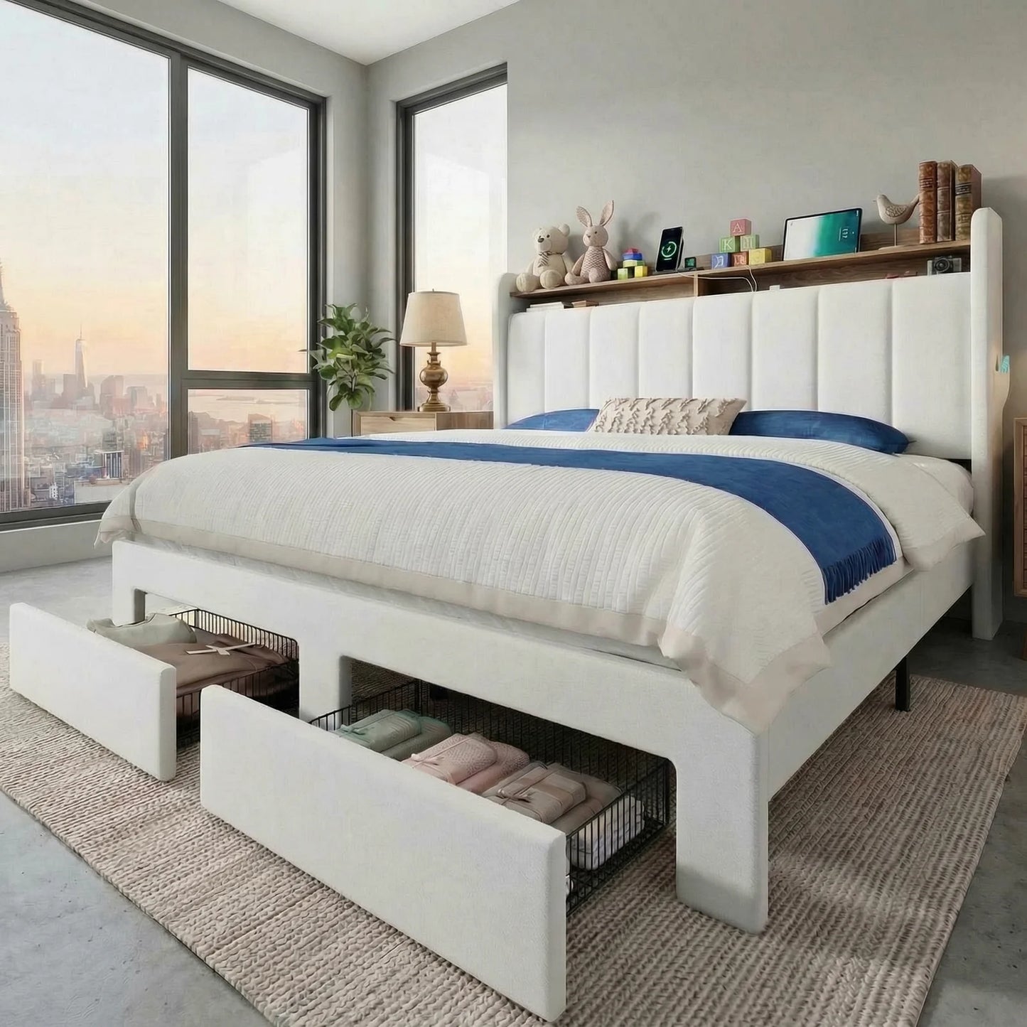 Velvet Full/Queen/King Bed Frame with 2 Storage Drawers,2-Tier Shelves with adjustable LED Light, and Charging Station