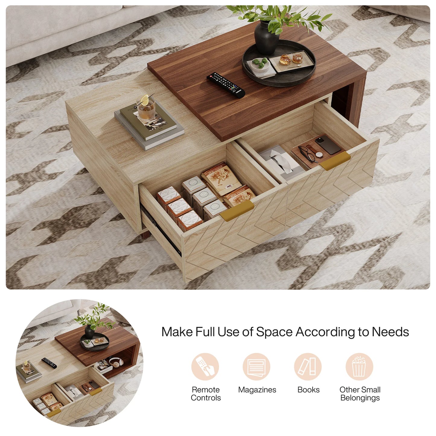 Expandable Wood Coffee Table with 2 Storage Drawers