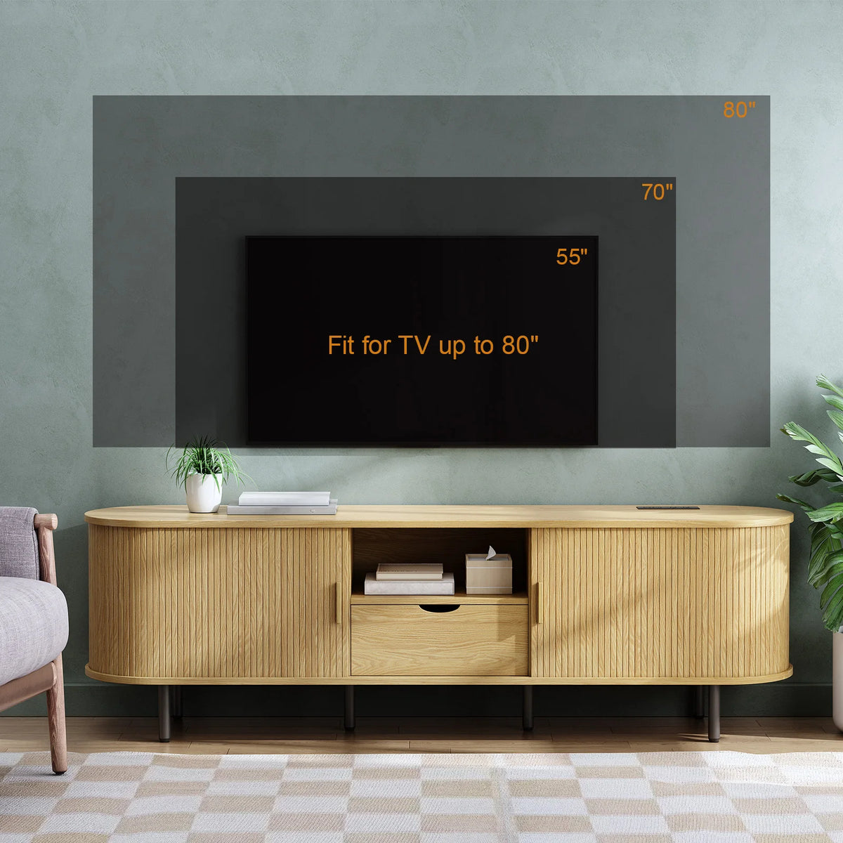 69" TV Stand w/ Power Outlet for TVs up to 80" with Adjustable Shelves