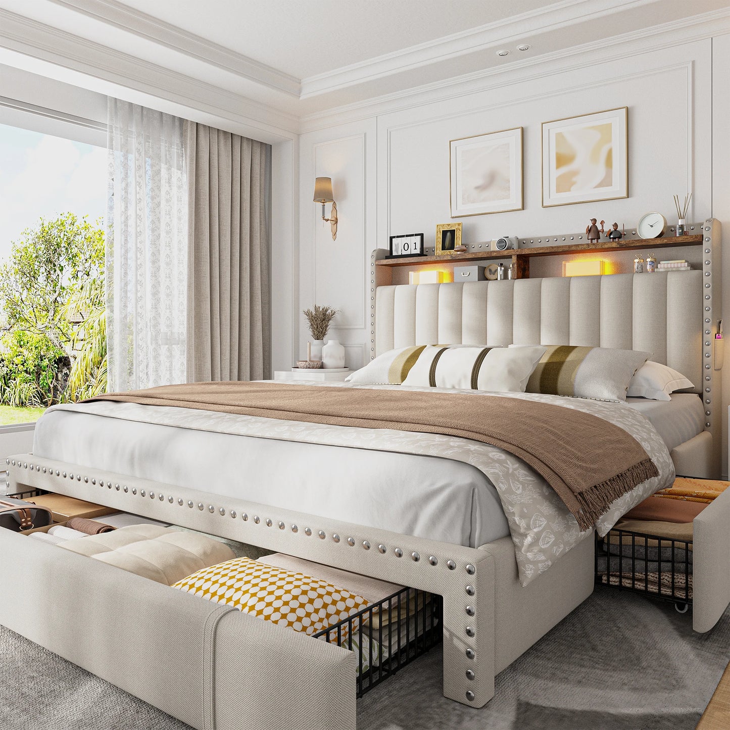 Full, Queen or King Platform Bed Frame with 3 Drawers and 2-Tier Storage