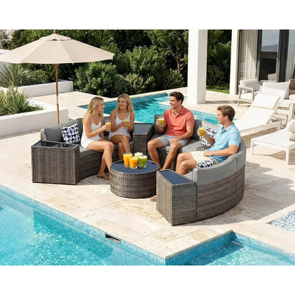 Outdoor Curved Wicker Sectional Patio Furniture Set with Coffee Table and wedge-shaped End Tables
