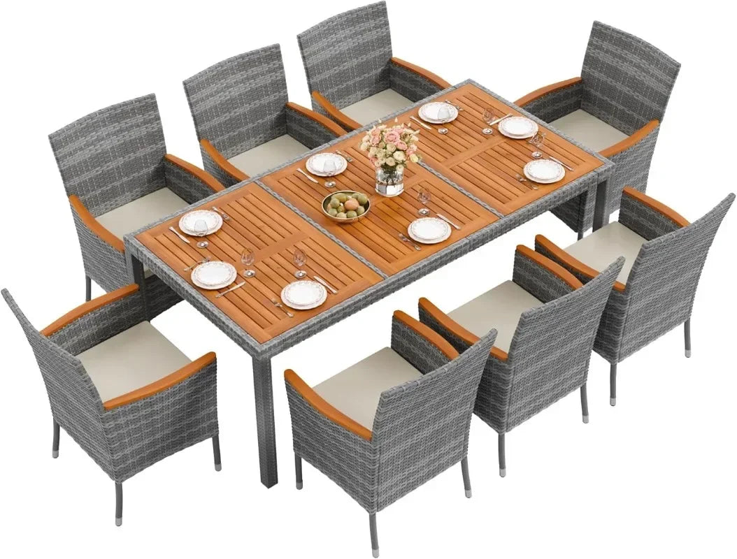 9 Piece Acacia Wood and Wicker Dining Patio Set with Chairs