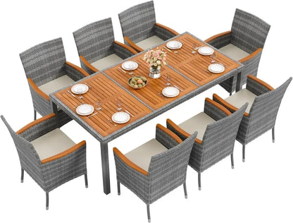 9 Piece Acacia Wood and Wicker Dining Patio Set with Chairs