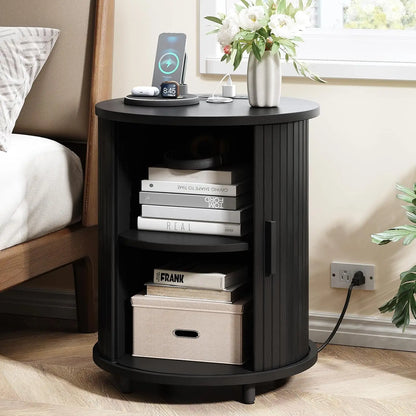 Fluted Round Nightstand with Charging Station for your Bedroom