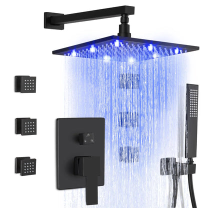 12 Inch LED Rain Shower with 6 Full adjustable Body Jets and a separate Handheld Sprayer