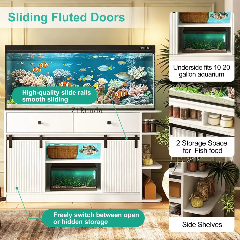 55-75 Gallon Fish Tank Stand with large Cabinet, Shelving, LED Lights, and Power Outlets