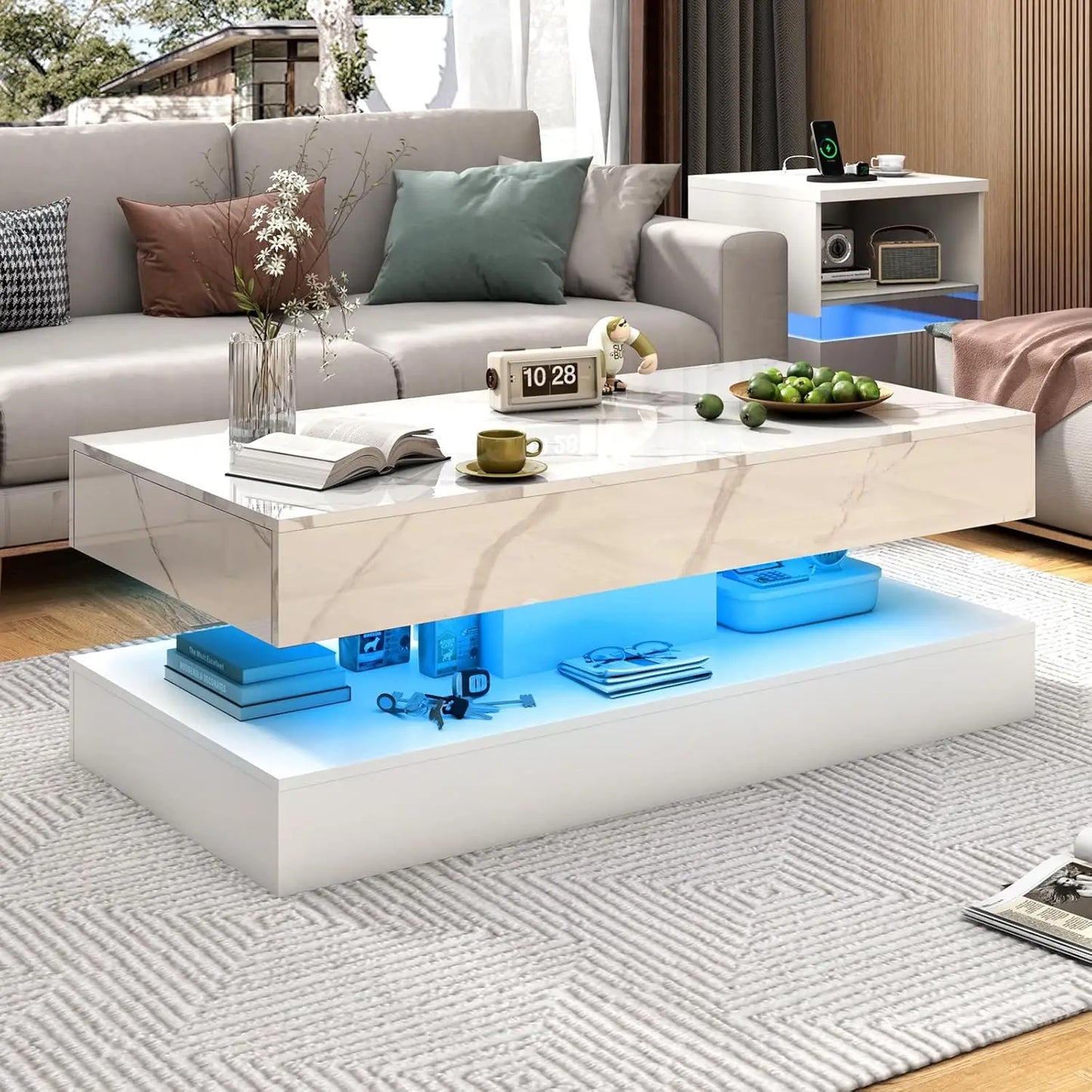 Modern Style Coffee Table with LED lights and slide out Storage Drawers for your Living Room