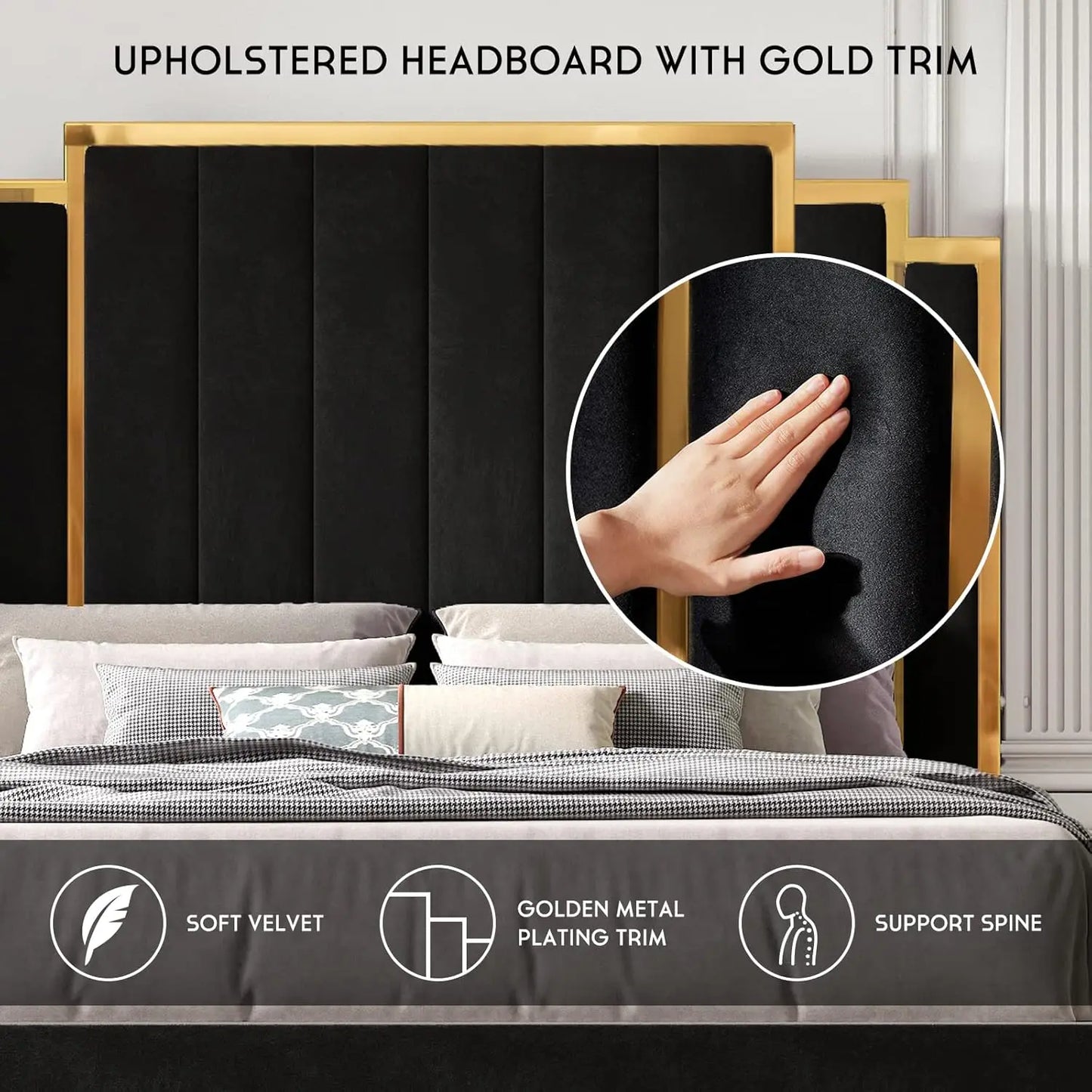 Upholstered Gold Trimmed Headboard and Platform Frame for a King size Bed
