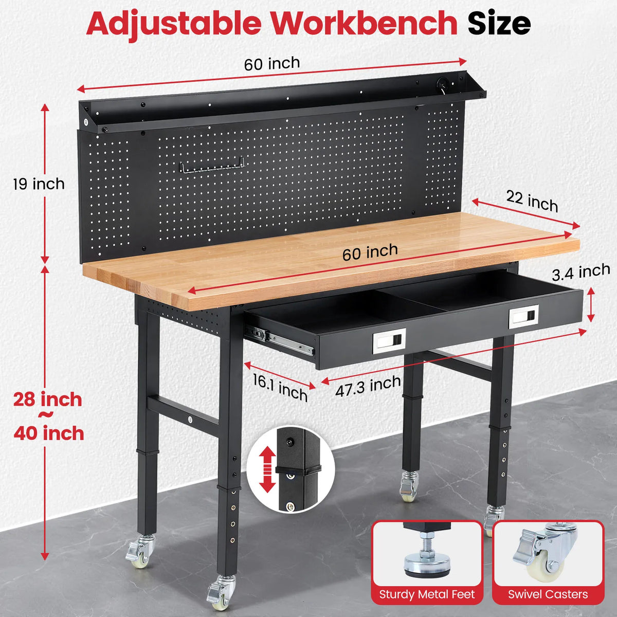 60 Inch Wood Work Bench with Led Lights, Drawers, and Pegboard