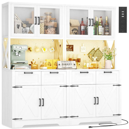 71"Tall Wood Kitchen Pantry Cabinet with LED Light and Power Outlet