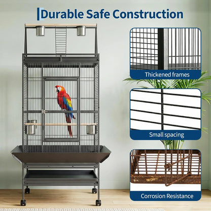 69" Extra Large, Small Spaced Bars Bird Cage with Rolling Stand and Playground on the top