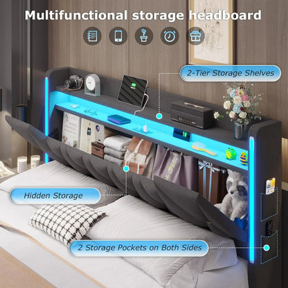 Upholstered King LED Bed Frame with Storage and Charging Station