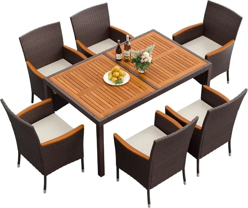 9 Piece Acacia Wood and Wicker Dining Patio Set with Chairs