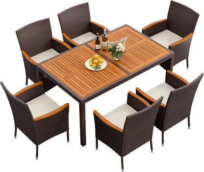 9 Piece Acacia Wood and Wicker Dining Patio Set with Chairs
