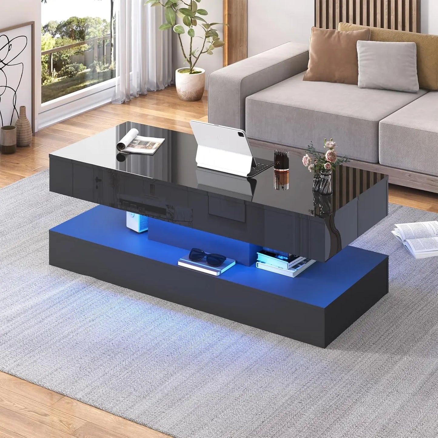 Modern Style Coffee Table with LED lights and slide out Storage Drawers for your Living Room