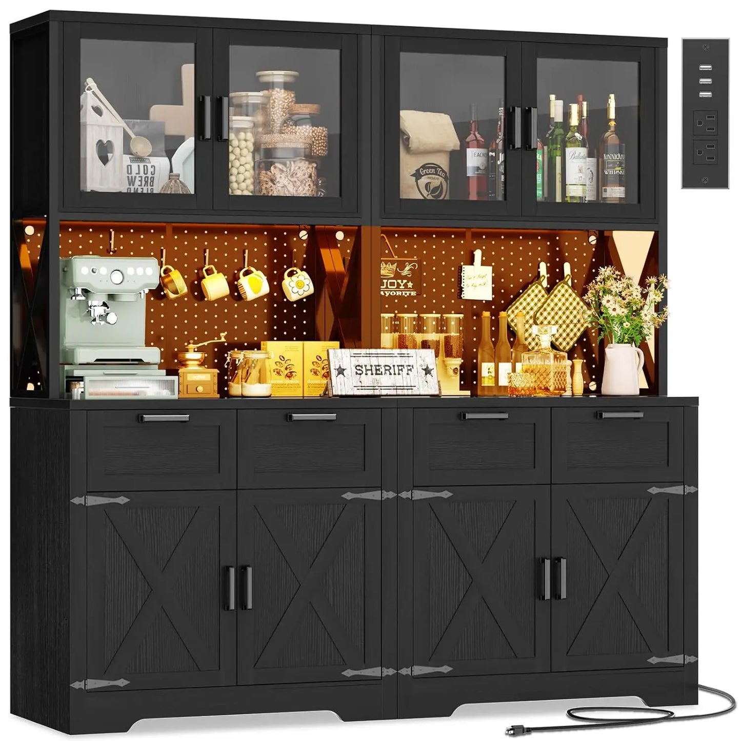71"Tall Wood Kitchen Pantry Cabinet with LED Light and Power Outlet