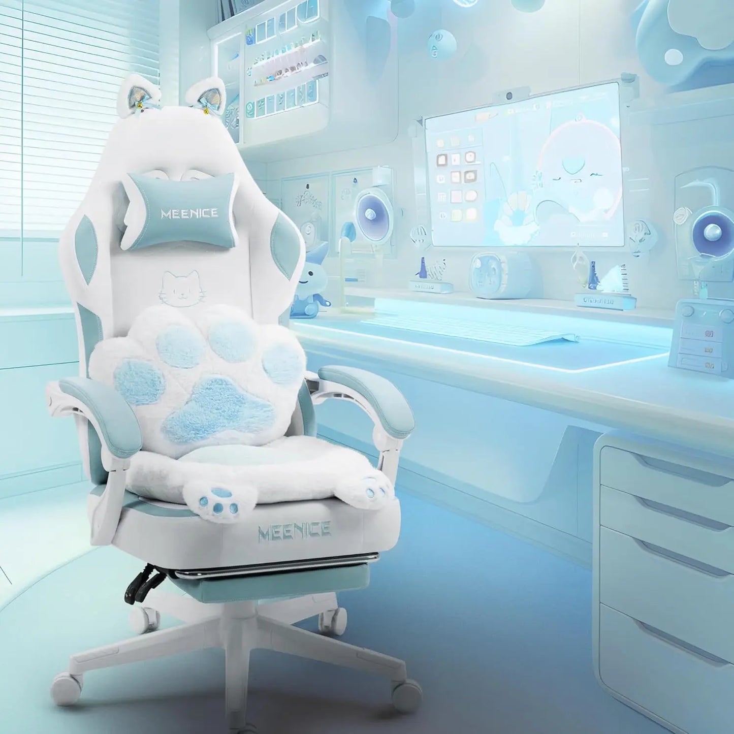 Cute Gaming Chair with Cat Ears & Paw Lumbar Cushion and Foot Rest