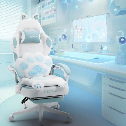 Cute Gaming Chair with Cat Ears & Paw Lumbar Cushion and Foot Rest