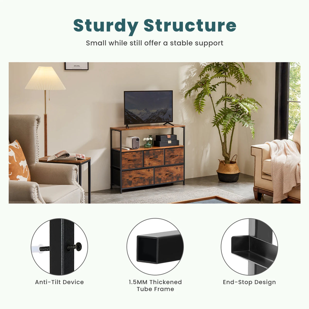 TV Stand with 5 Fabric Drawers for Storage