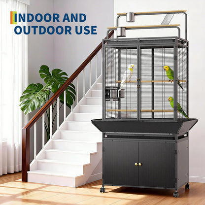 71" Extra Large Corner Rolling Bird Cage with Play Top & Storage Cabinet