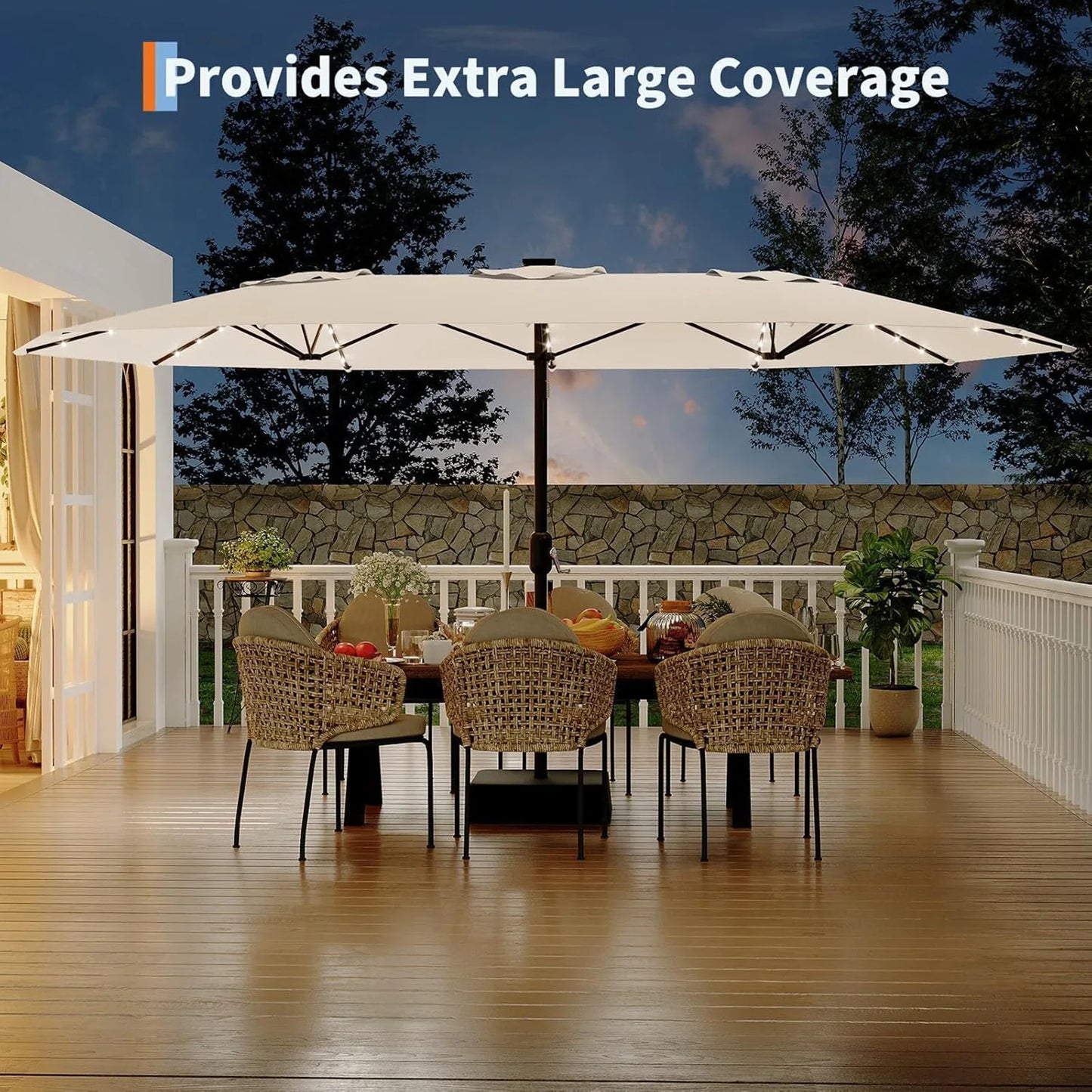 15Ft Outdoor Patio Umbrella with Solar LED Lights, Crank Handle, and Base