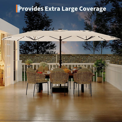 15Ft Outdoor Patio Umbrella with Solar LED Lights, Crank Handle, and Base