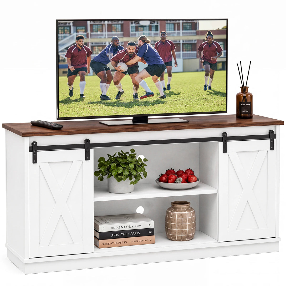 Wood TV Stand with Sliding Cabinet Doors