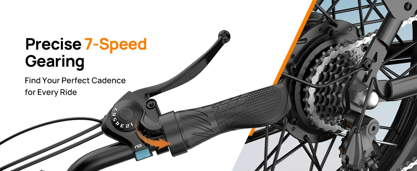 1000W E20 7 Speed Electric Bike with 20" Fat Tires,48V 13Ah Removable Battery, and Dual Disc Brakes