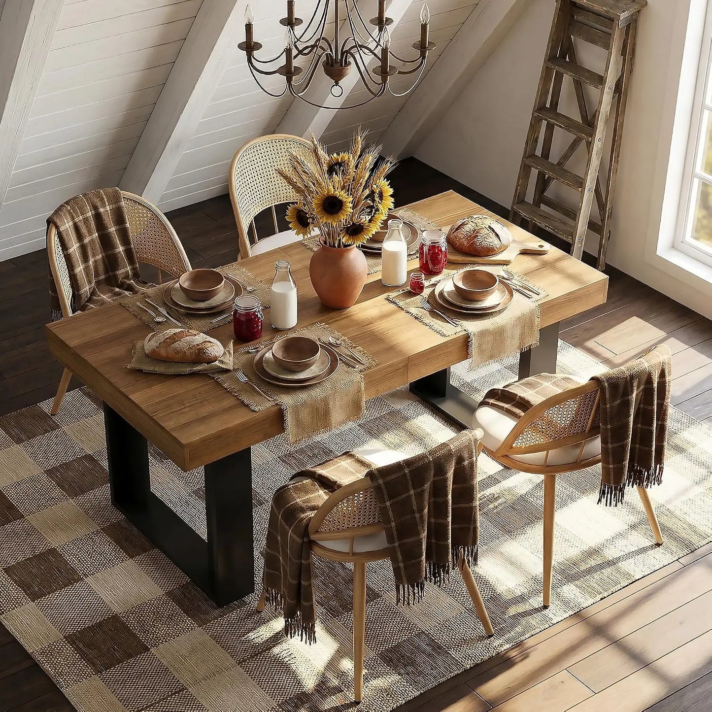 Modern Farmhouse Style Wood Dining Room Table Set with 4 Upholstered Chairs