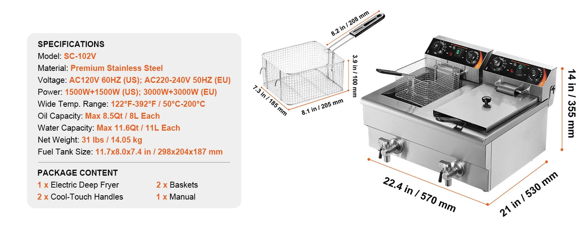 12L Electric Countertop Deep Fryer w/Dual Removable Tanks