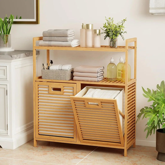 Double Tilt Out 14 Gallon Laundry Hamper w/2-Tier Storage Shelf