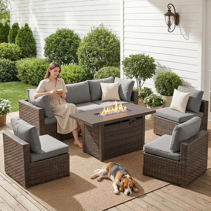 7-Piece Rattan Patio Furniture Set with 44" Fire Pit/Table