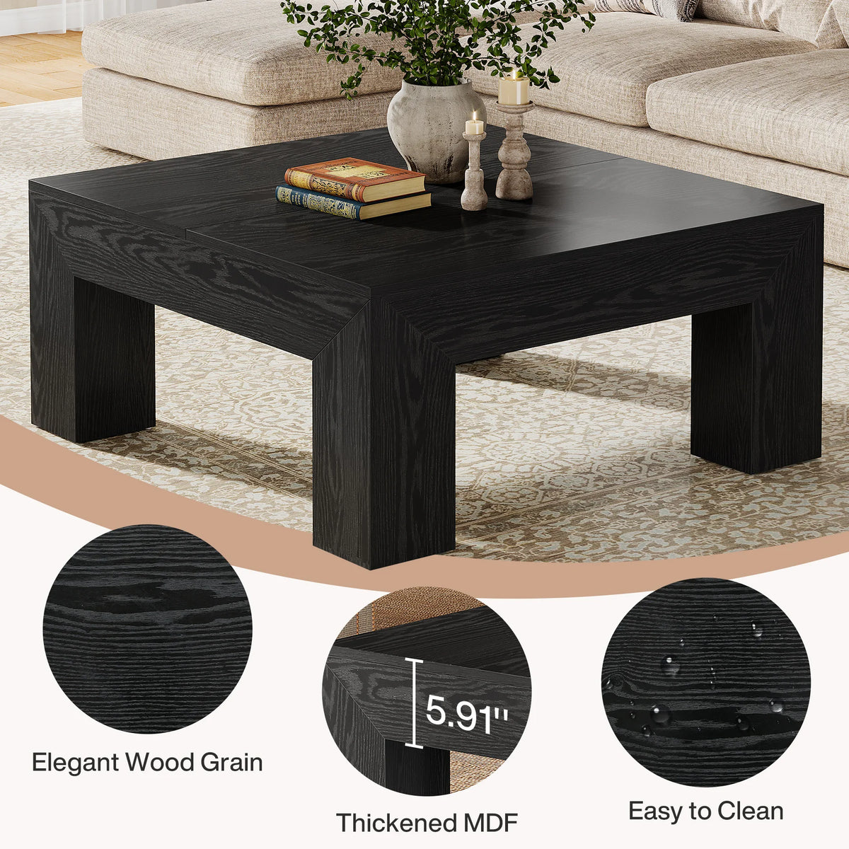 39.4-Inch Square Coffee Table for Living Room