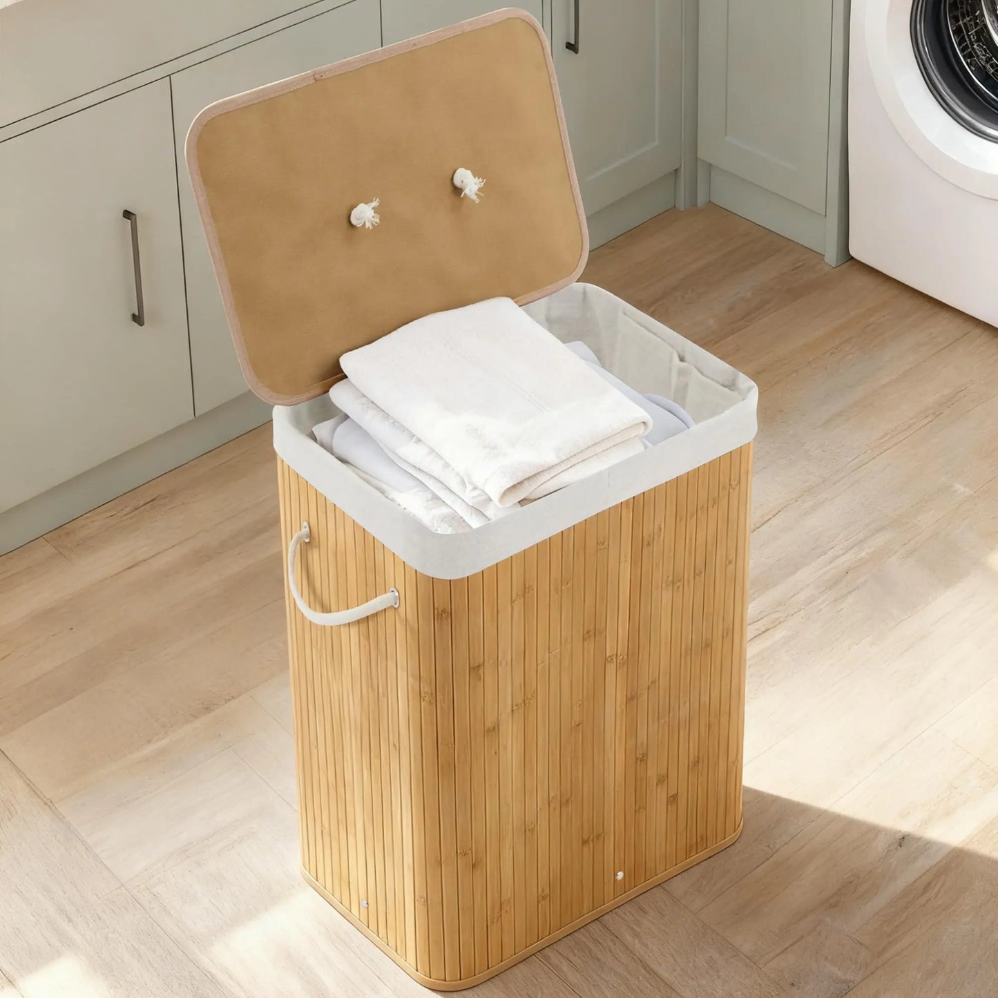Foldable Large Bamboo Laundry Hamper with Removable 4-Section Liner