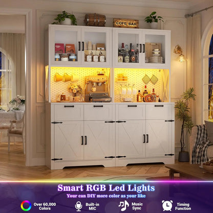 71"Tall Wood Kitchen Pantry Cabinet with LED Light and Power Outlet