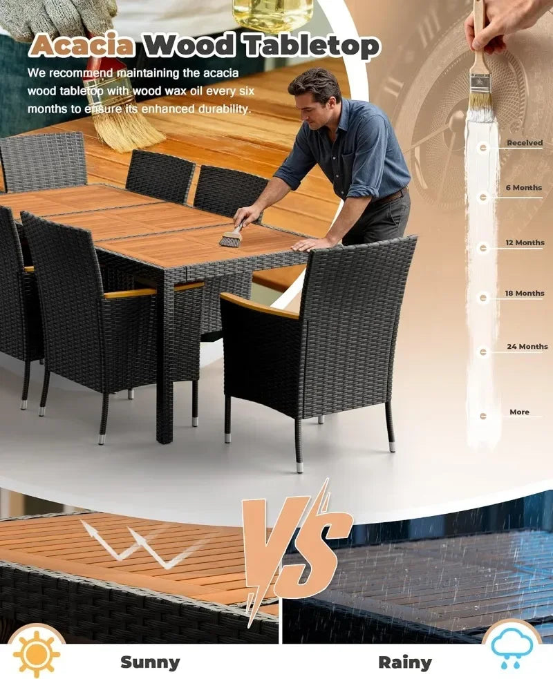 9 Piece Acacia Wood and Wicker Dining Patio Set with Chairs