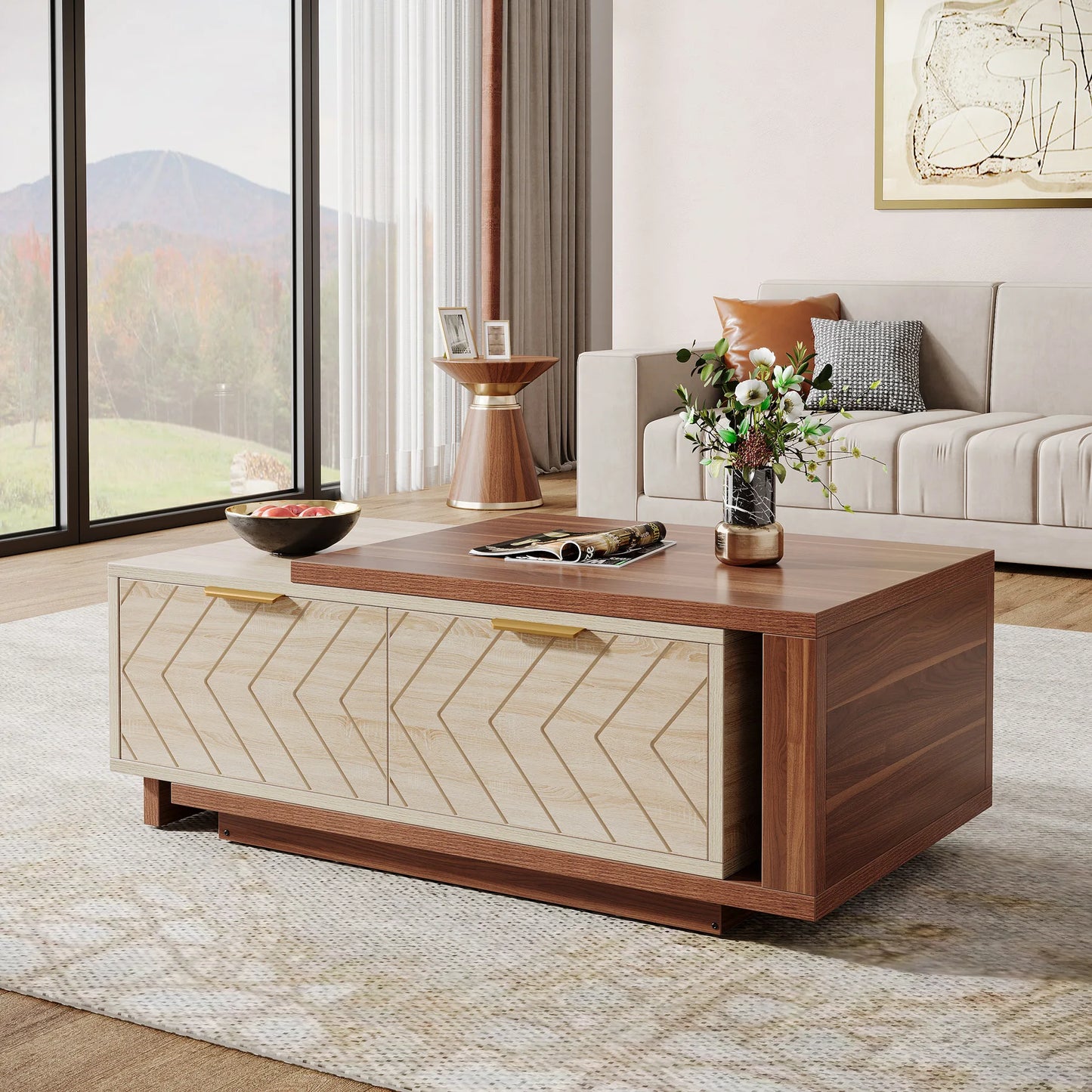 Expandable Wood Coffee Table with 2 Storage Drawers