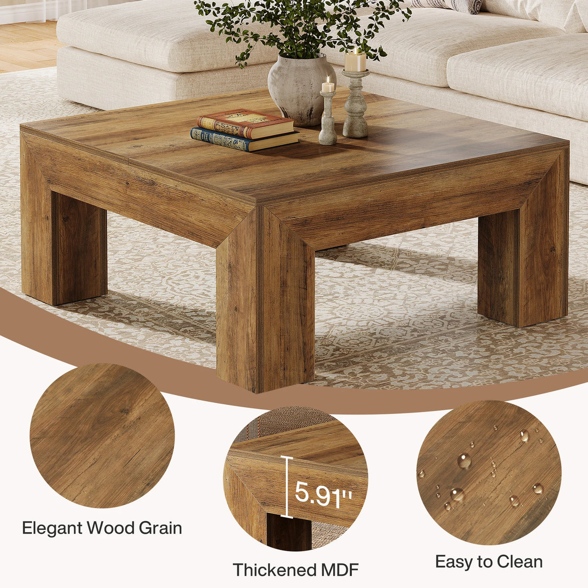 39.4-Inch Square Coffee Table for Living Room