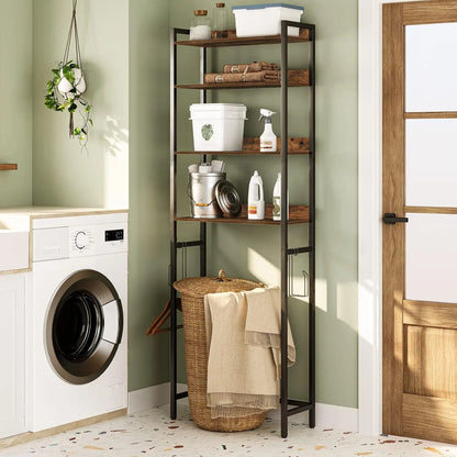 Space-saving 4-Tier Storage Rack with Hooks in rustic brown