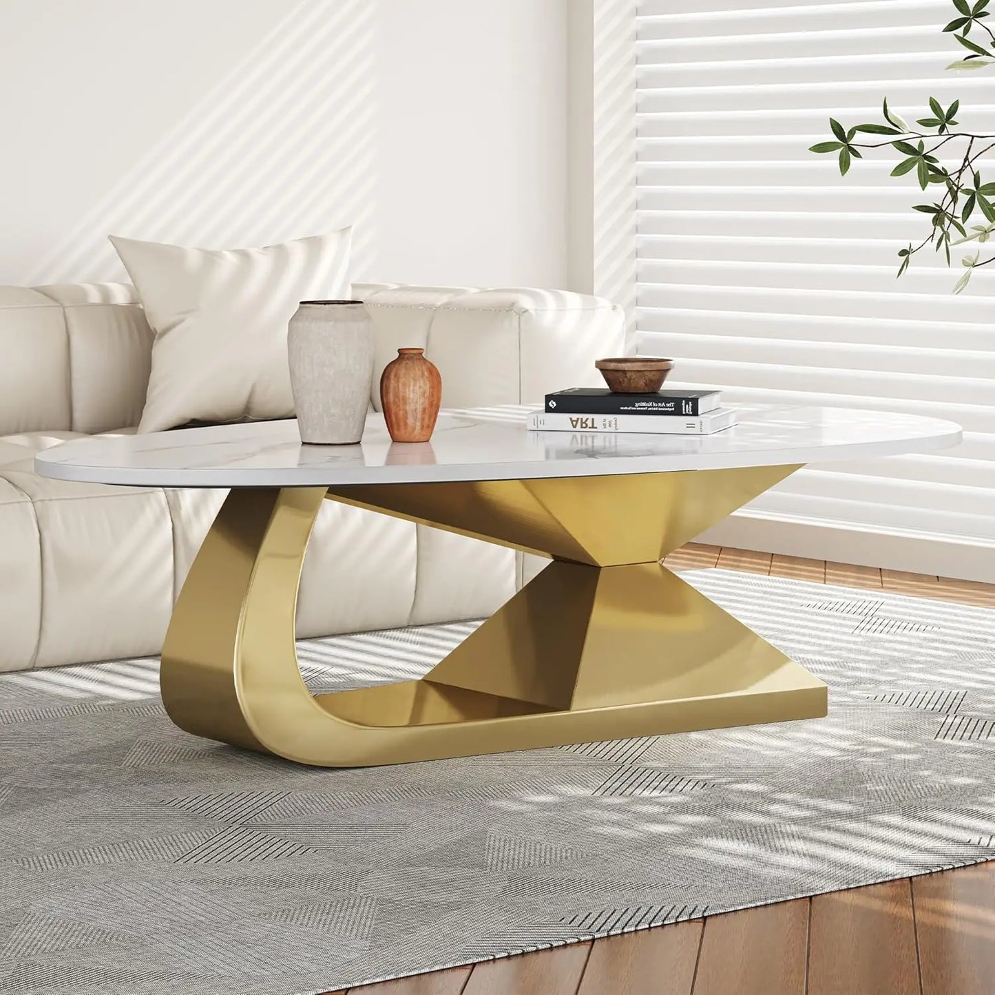 Modern Stainless Steel Pedestal Coffee Table with faux Marble Top