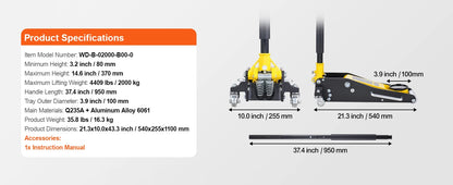 3T/2T Hydraulic Floor Jack Alum with Dual Piston Quick Lift Pump