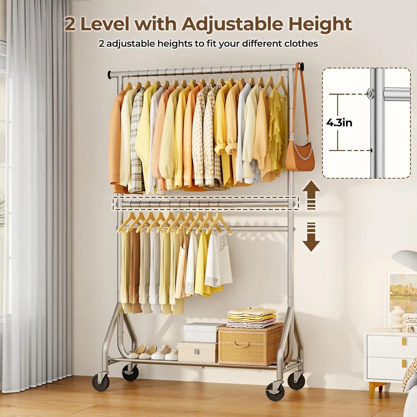 Adjustable Free Standing Garment Rolling Rack