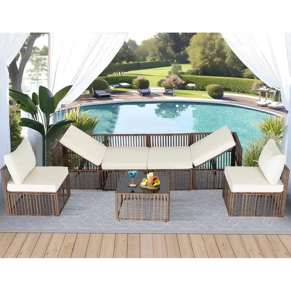 7-Piece Brown/Beige Wicker Sectional Patio Set