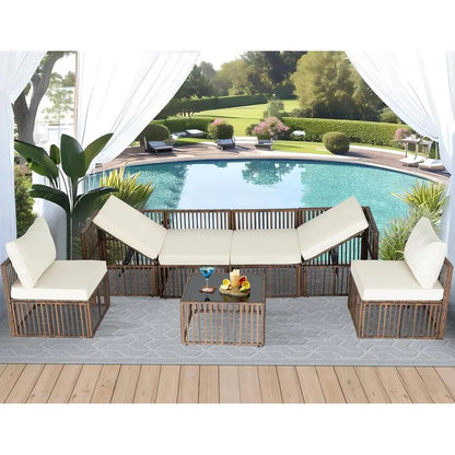 7-Piece Brown/Beige Wicker Sectional Patio Set
