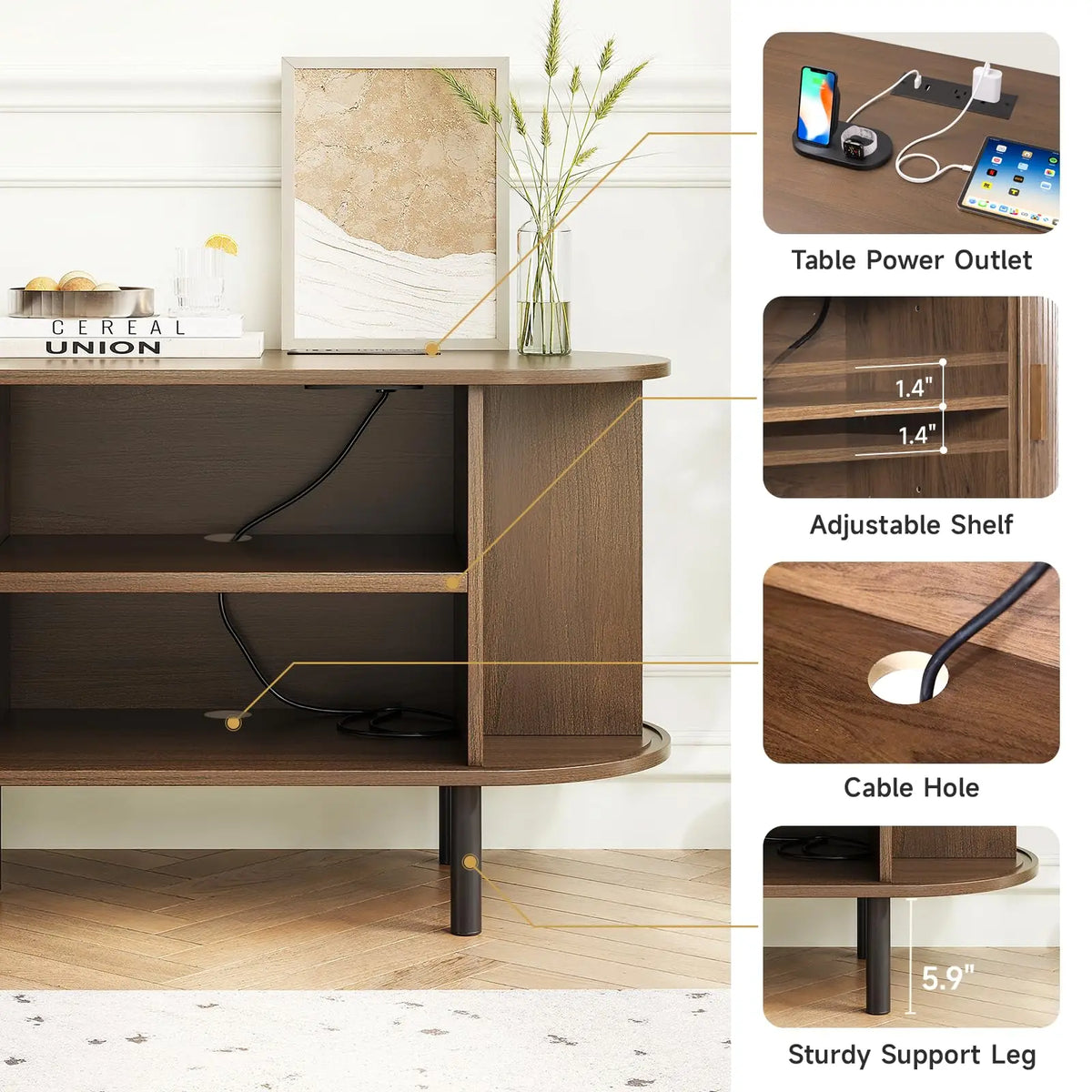 Living Room TV Stand with Power Outlet and Adjustable Shelves