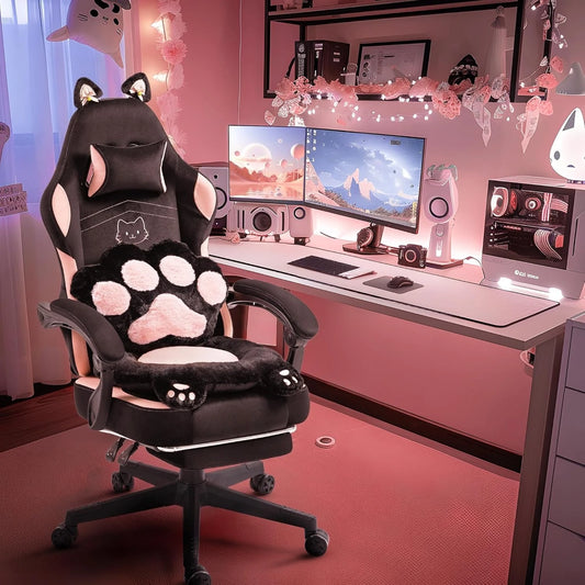 Cute Gaming Chair with Cat Ears & Paw Lumbar Cushion and Foot Rest